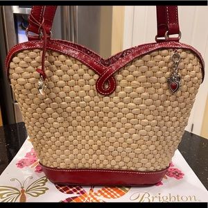 BRIGHTON STRAW & LEATHER BANDANA FABRIC ACCENTED MARILYN SHOULDER BAG